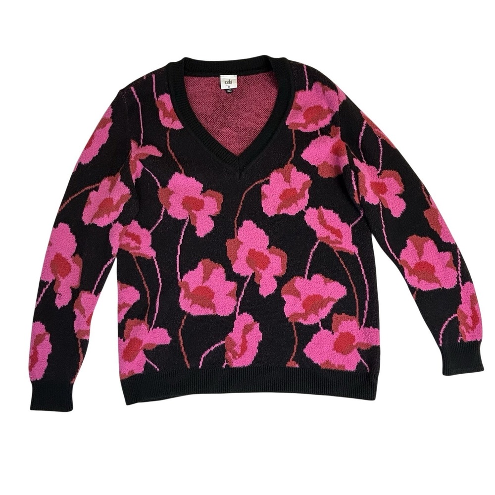 Cabi Knit Sweater Women's Rococo Pullover Floral V Neck Peony Size Medium *Flaw